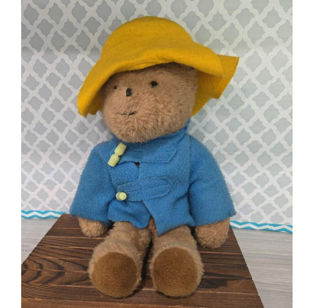 Vintage 1975 Paddington Bear Plush Yellow Hat Blue Duffle Coat Stuffed Animal